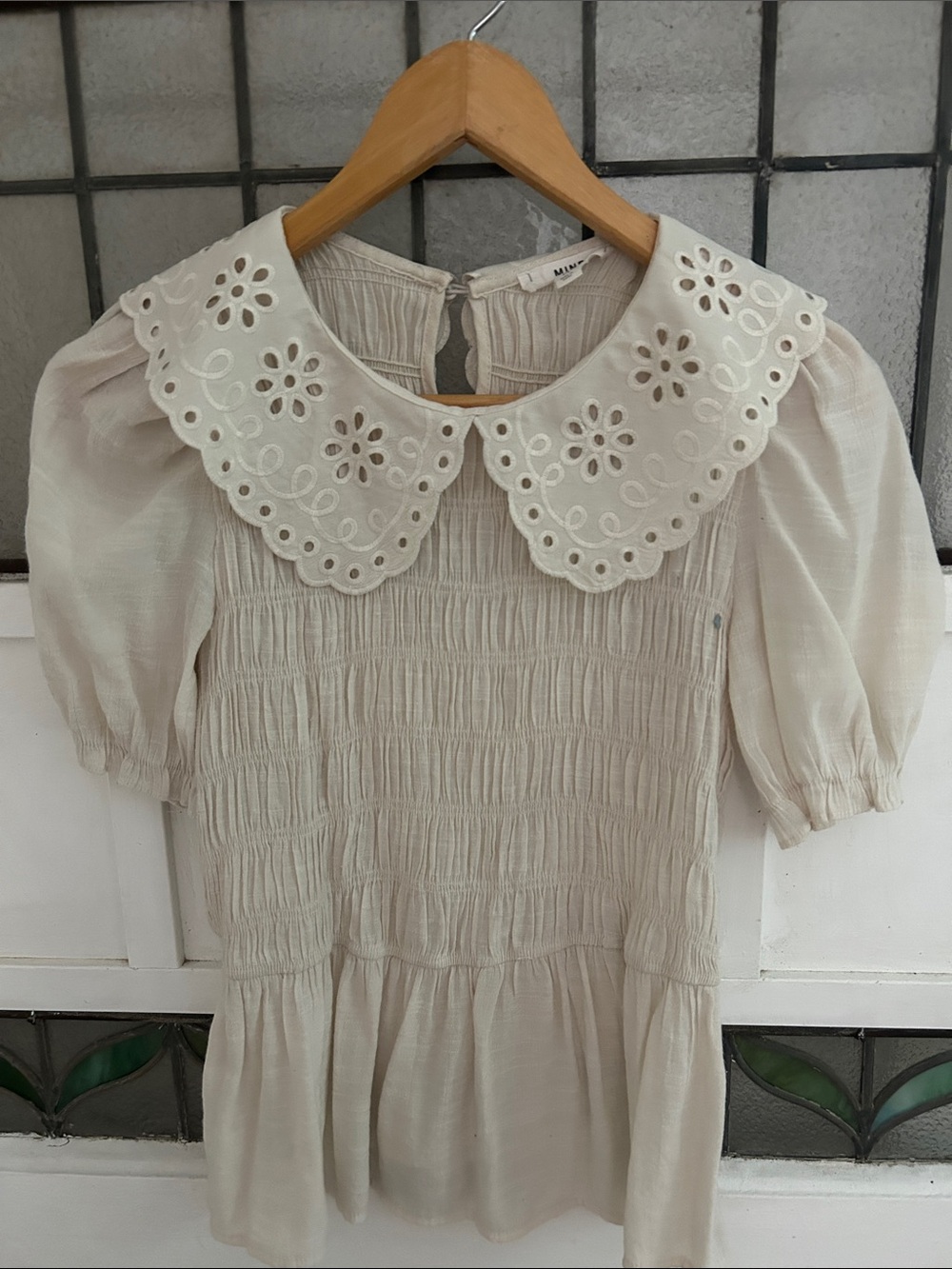 Mine Cream Eyelet Peter Pan Collar Smocked top